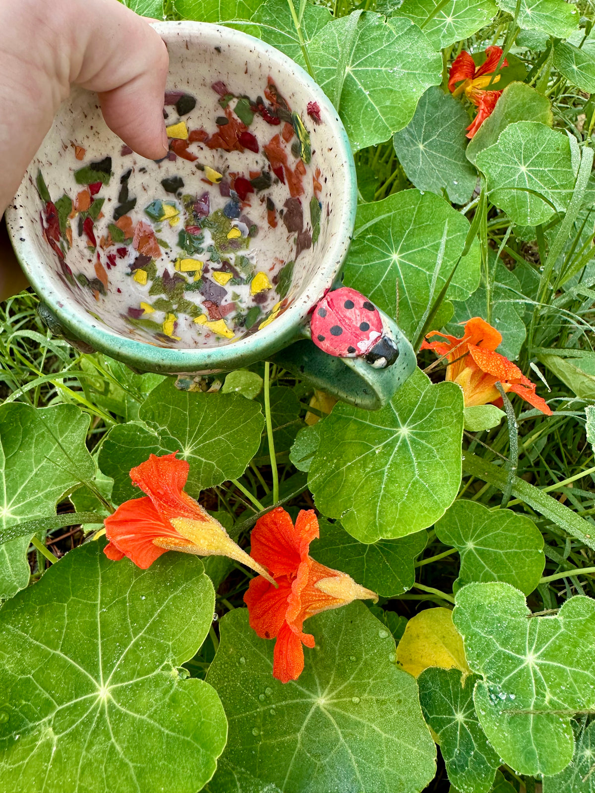 An overhead shot of a hand showing interior of a green ceramic mug. Interior is a white base with large green, purple, yellow, and orange confetti-like glaze speckles; set against a garden background with orange nasturtiums.