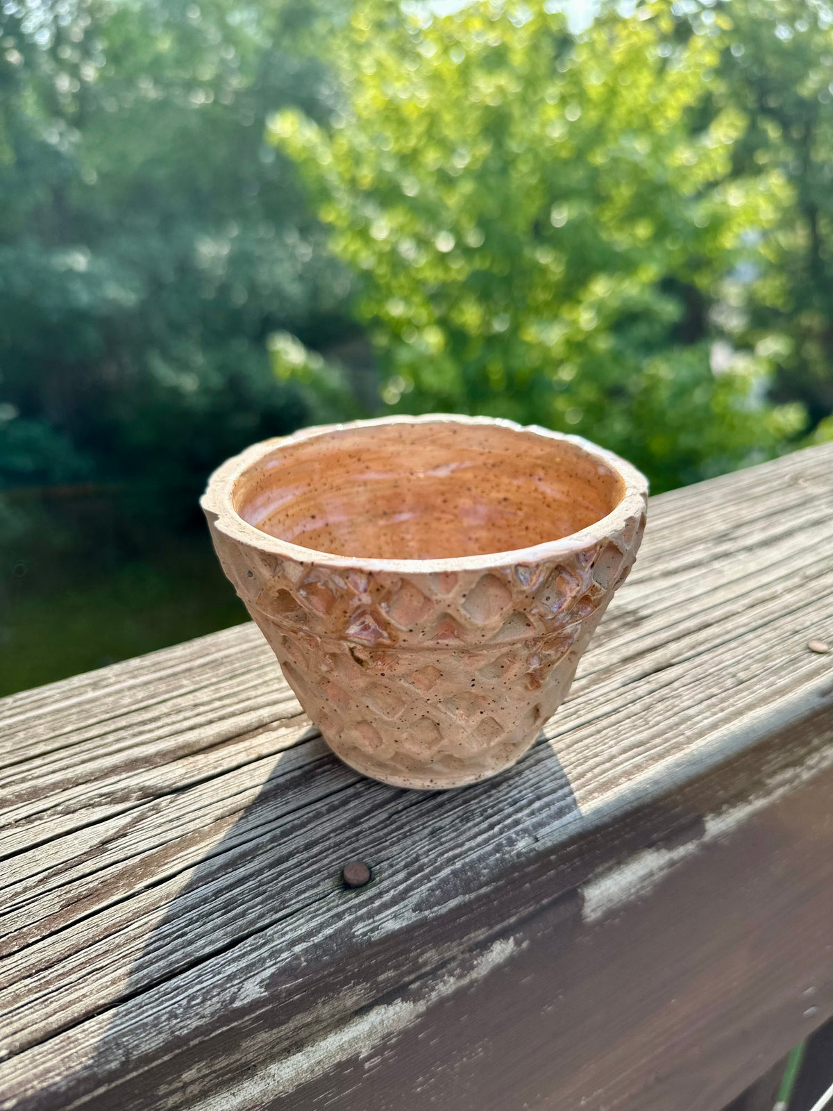 A small-medium bowl carved and colored to look like a waffle cone bowl; slight glossy white glaze swirls on the brim and inside makes the illusion of dripping vanilla ice cream. Set on a worn wooden rail in front of a blurred green backyard background.